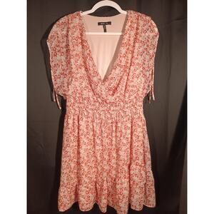 BCBG Paris Large Pink Floral Chiffon Dress Cinched Waist Ruffle Vacation Spring